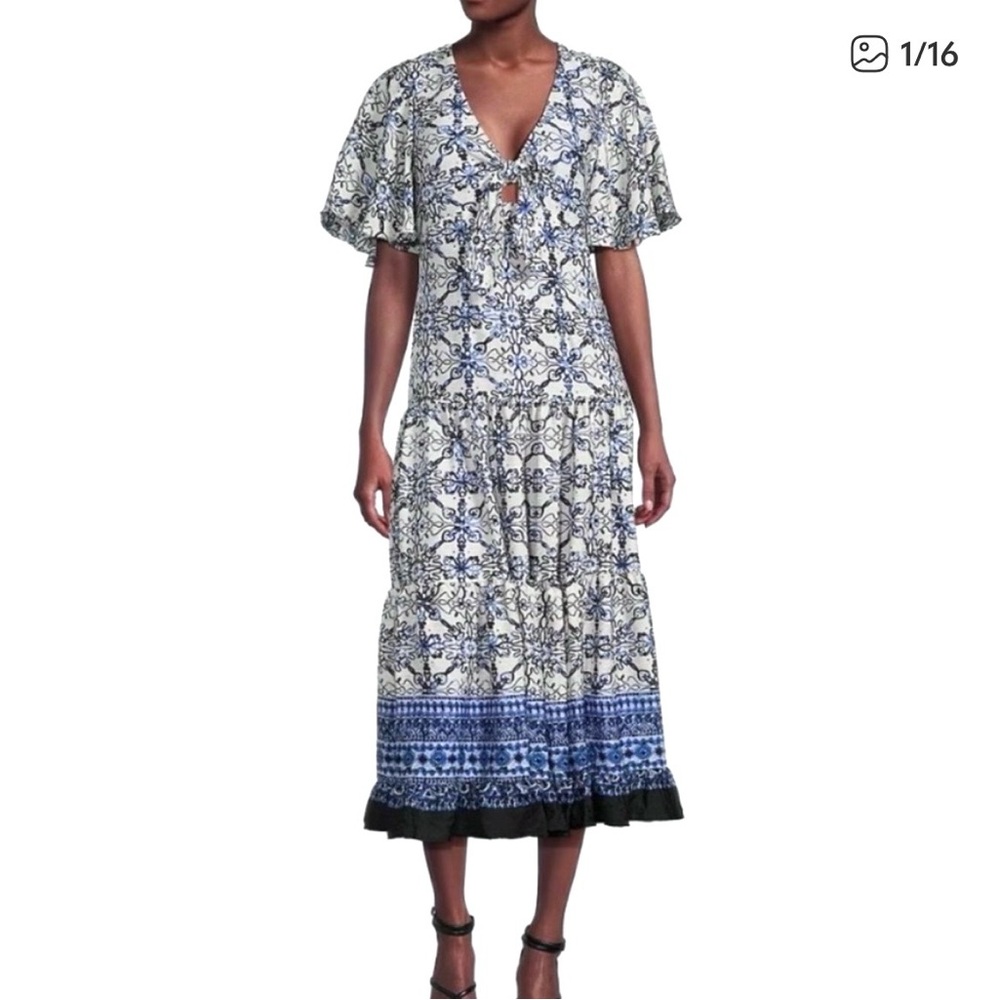 NEW Taylor Dress Blue White Boho Pattern Flutter Sleeve Tiered Flounce Sz 6